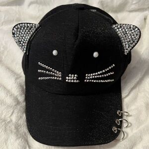 Black Cat Ear Cap with Silver Rhinestone Accents